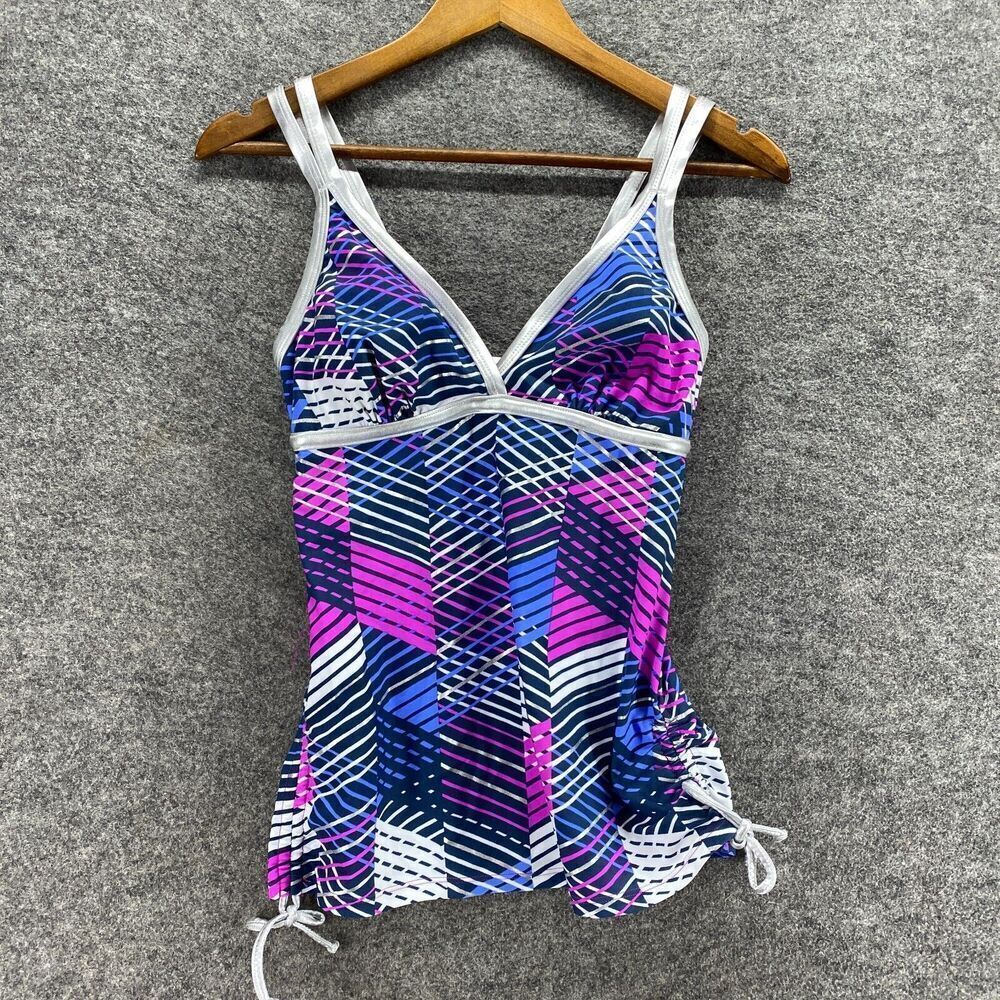 Free Country Tankini Top Women S Small Blue Geometric V-Neck Push Up Sleeveless